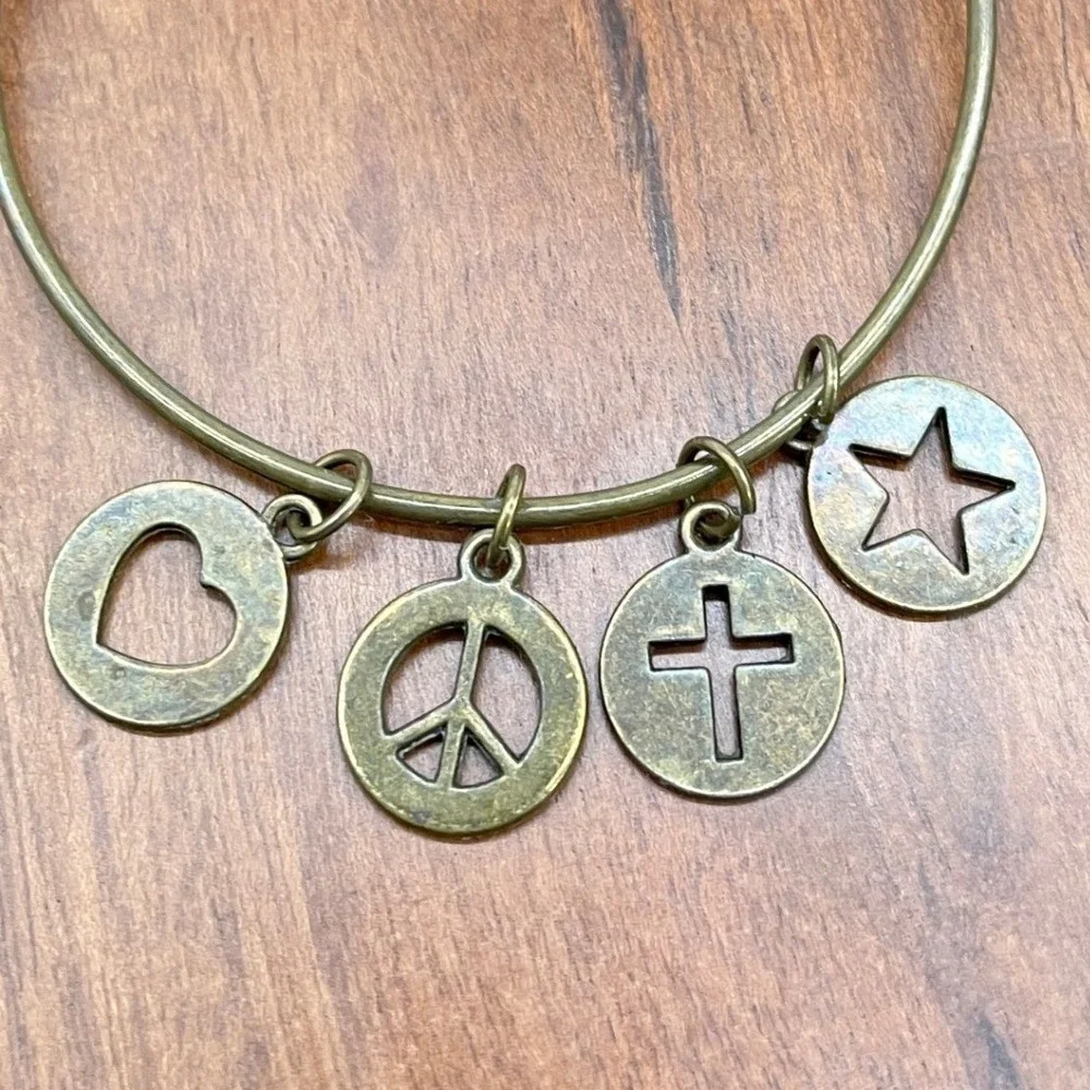 Bronze Tone Charm Bangle Bracelet Heart Peace Cross Star Boho Inspirational